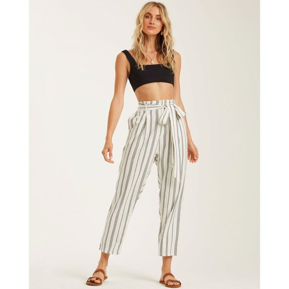 Black & White striped linen tie waist pants beach pants